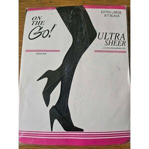 On The Go Ultra Sheer Pantyhose XL Black Sheer Toe Nylon Lycra USA NIP